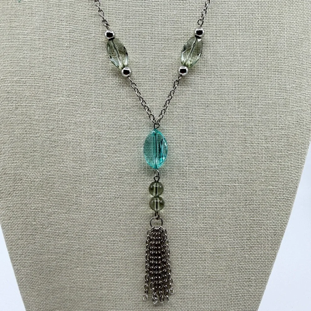 Necklace Turquoise Tone Green Bead Y Drop Silver Tone Chain Tassel Statement